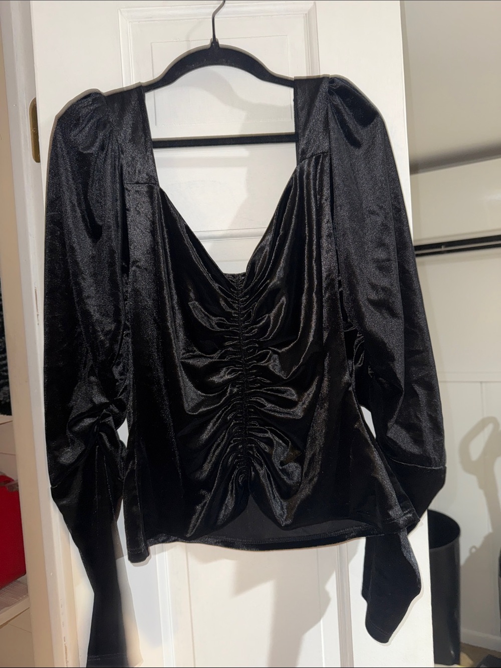 Express Black Satin Ruched Long-Sleeve Blouse